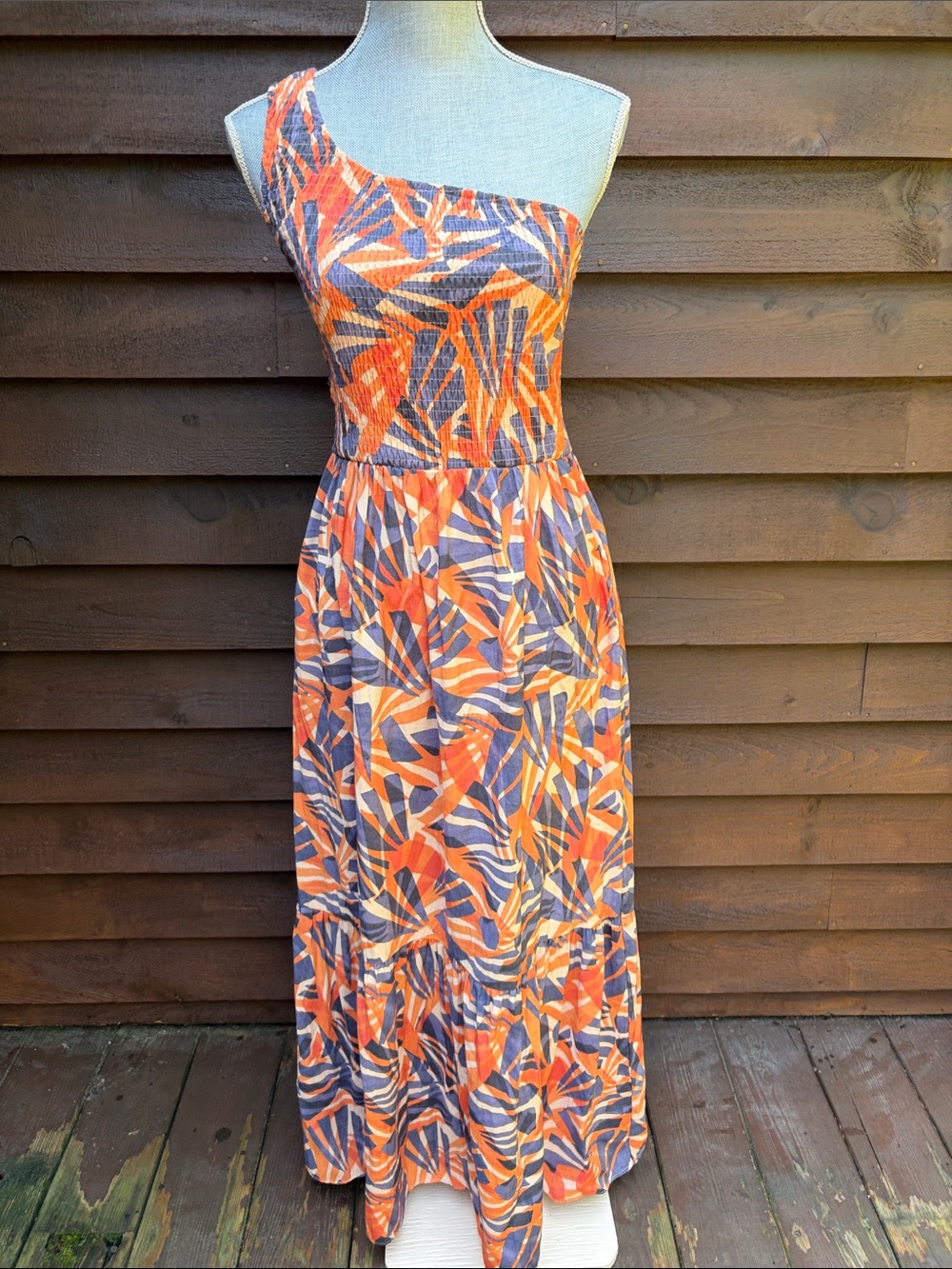Nine West One-Shoulder Orange & Navy Tropical Print Maxi Dress Pockets